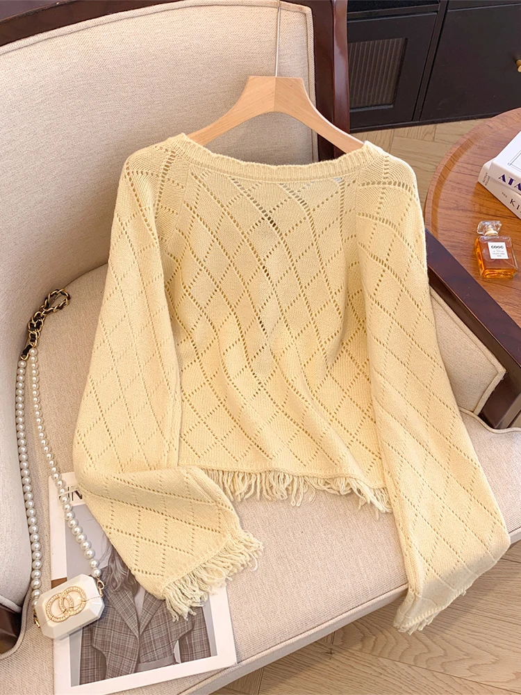 Женский абрикосовый кардиган свитер Harajuku Y2k вязаный кашемировый в клетку с