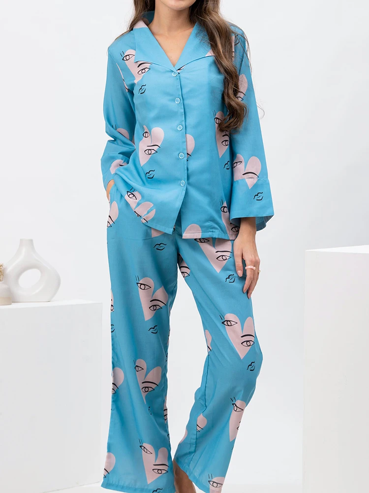 

Linad Print Pajamas For Women 2 Piece Sets Fashion Long Sleeve Homewear Female Casual Trouser Suits 2023 Autumn Sleepwear