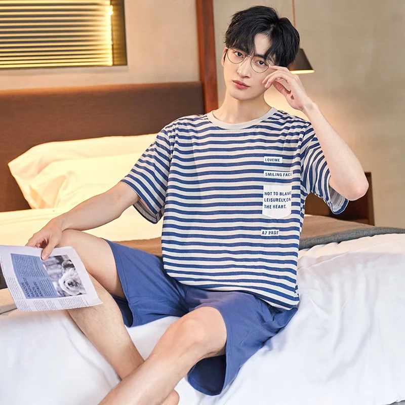 New Men Pajamas Sets Summer Thin Short-sleeved Pajama Wear Outside Home Clothes Loose Casual Comfortable Two-piece Suits