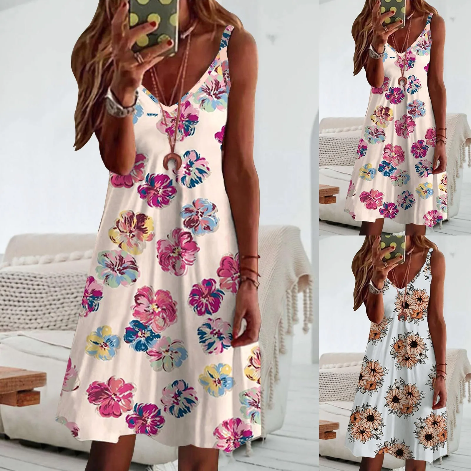 

Petite Summer Dresses Womens Boho Floral V Neck Midi Dress Sleeveless Summer Beach Sundress Women's Dress
