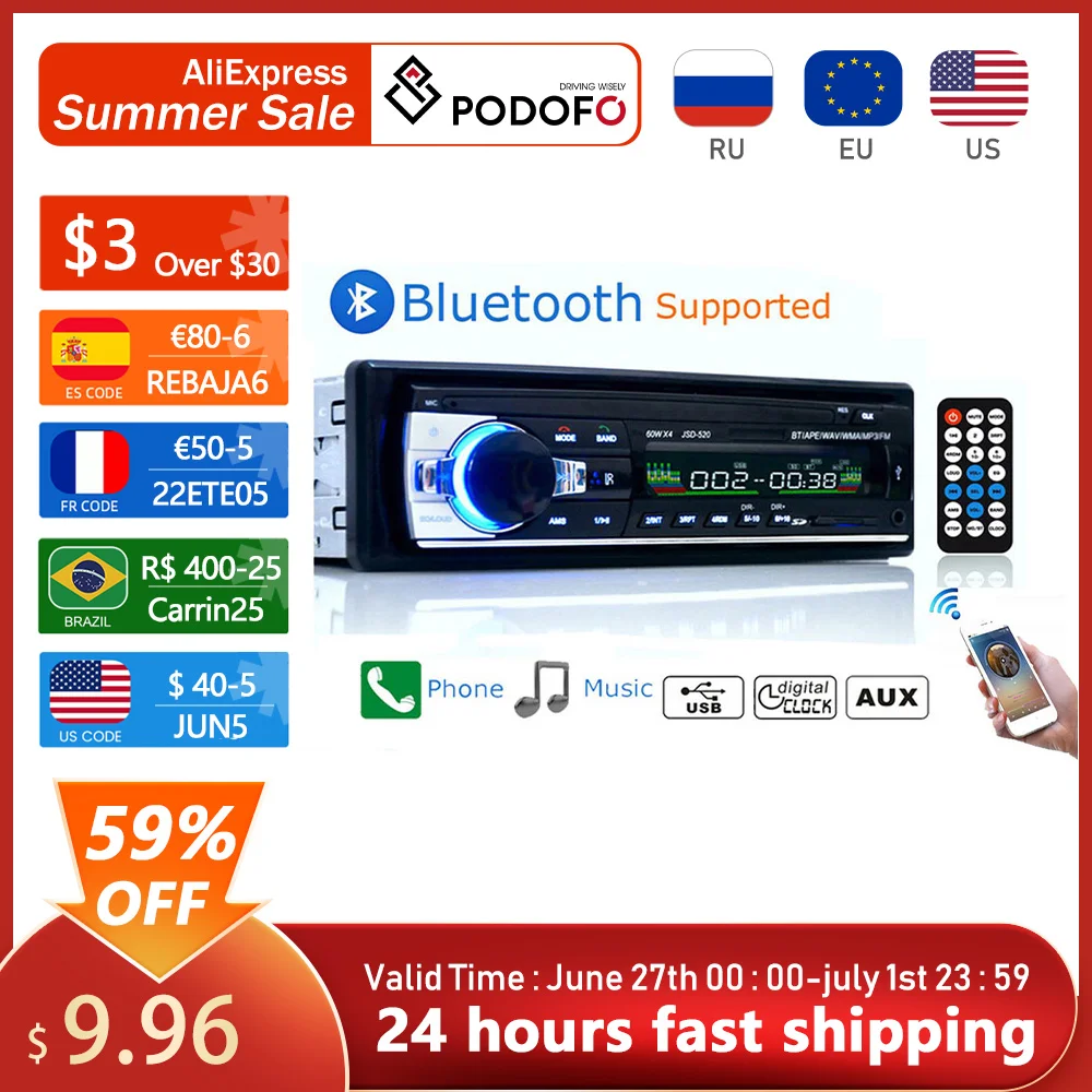  Podofo автомобильный Радио стерео плеер цифровой Bluetooth MP3 плеер JSD-520 60Wx4 FM аудио стерео музыка USB/SD с In Dash AUX вход 