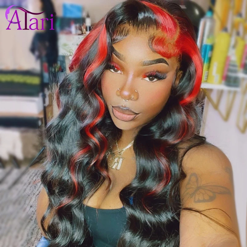 Highlight Ombre Red with Black Human Hair Wigs For Women 180% Colored Body Wave Lace Front Wig  5x5 Lace Wig PrePlucked Atari