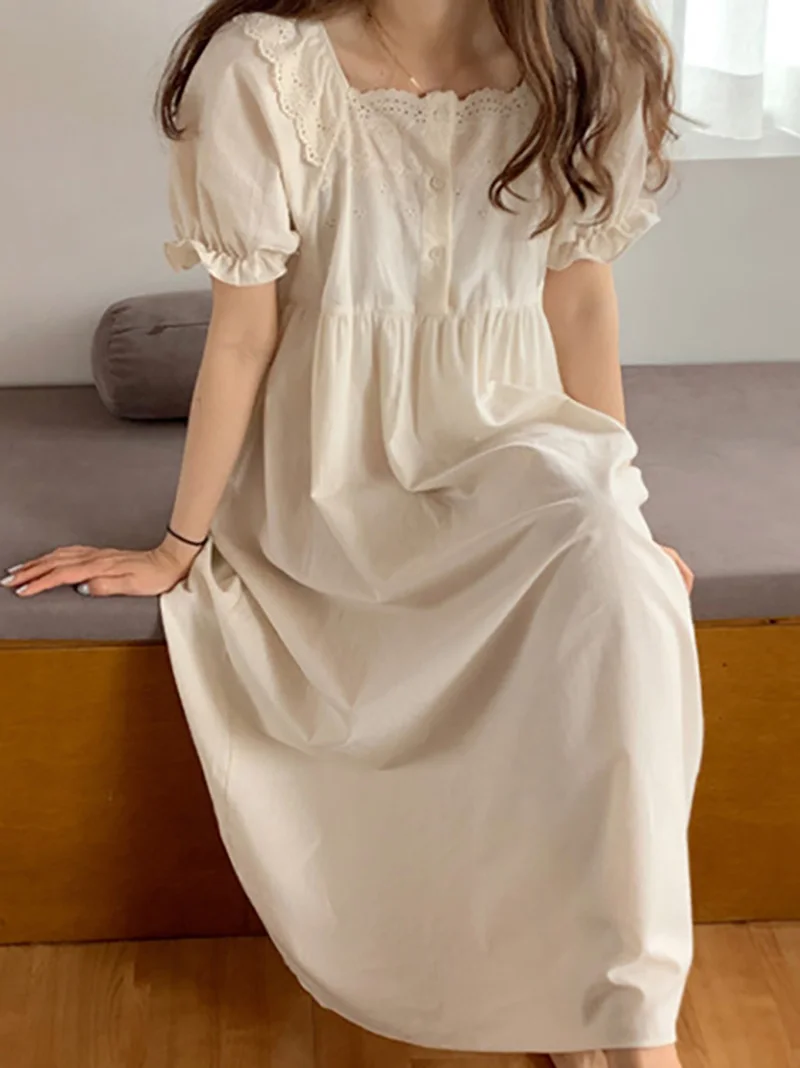 

Korea Kawaii Lounge Night Dress Summer Sweet Girl Nighty Cotton Lace Short Sleeve Home Nightdress Victorian Princess Sleepwear