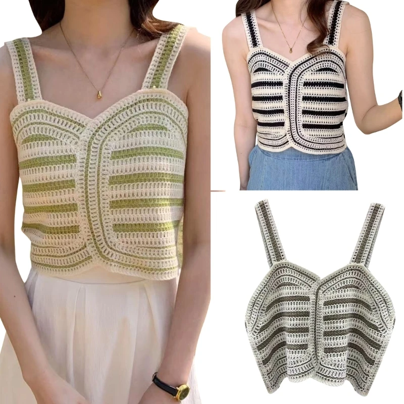 

Woman Casual Knitted Crochet Crop Tops V-neck Tank-Top Female Sexy Holiday Camis Sleeveless Sexy Camisole for Beach