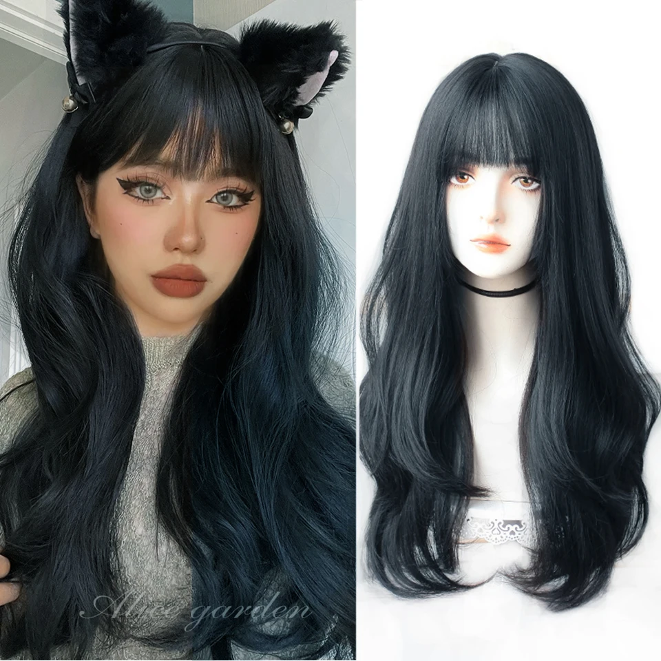 HOUYAN Synthetic Black long wavy curly bangs female Lolita Cosplay wig bangs girl party wig