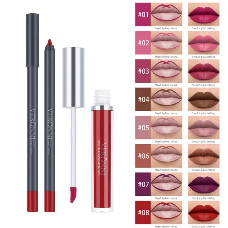 

2pcs Lip Gloss & Lip Liner Set Velvet Matte Finish Liquid Lipstick Pencil Waterproof Lasting Lip Tint Makeup Cosmetics TSLM1