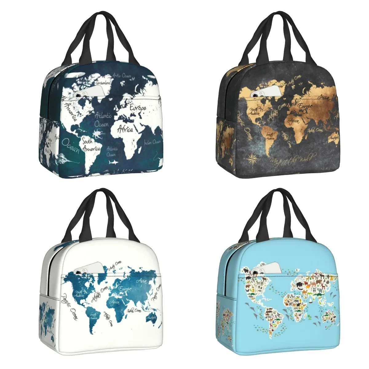 

Теплоизолированная сумка для ланча с картой мира, женский портативный контейнер для ланча для детей, школьников