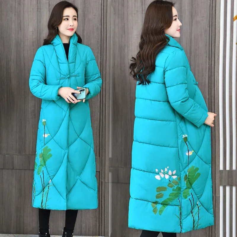 

Parker Women Winter Jacket New National Style Loose Large Size Cotton Jacket Over knee Long Coat Thick Warm Mother Clothing 4XL