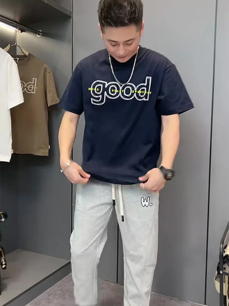 American Sle Trendy Letters Print round Neck Short sleeve T-shirt 2024 Summer New Men's Youth All-Match Ruan Handsome Half ...