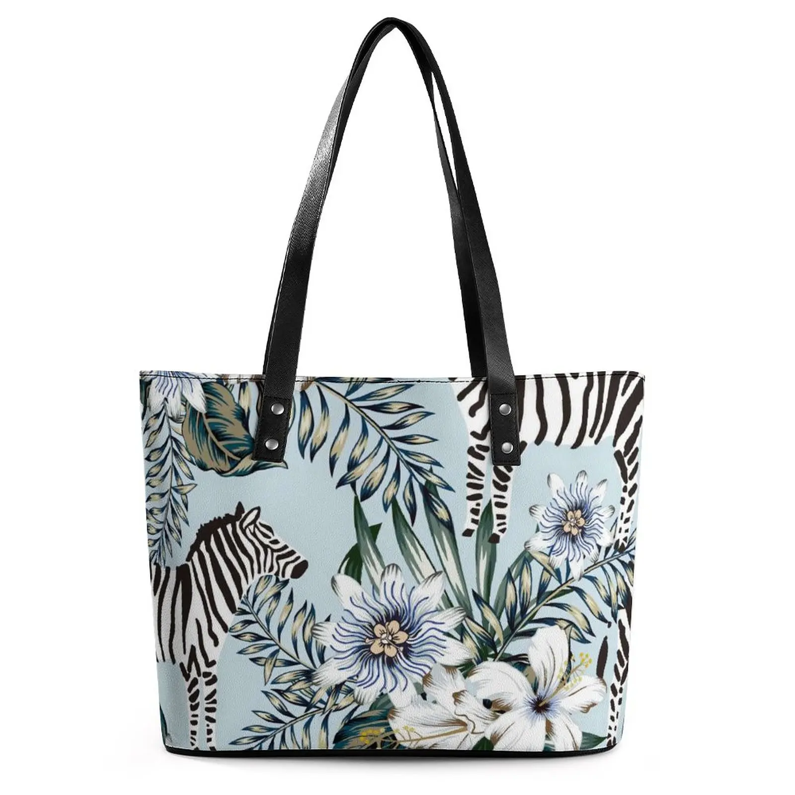

Palm Leaves Handbags Female Zebra And Floral Print Tote Bag Streetwear Grocery Shoulder Bag Belt Print PU Leather Shopper Bags