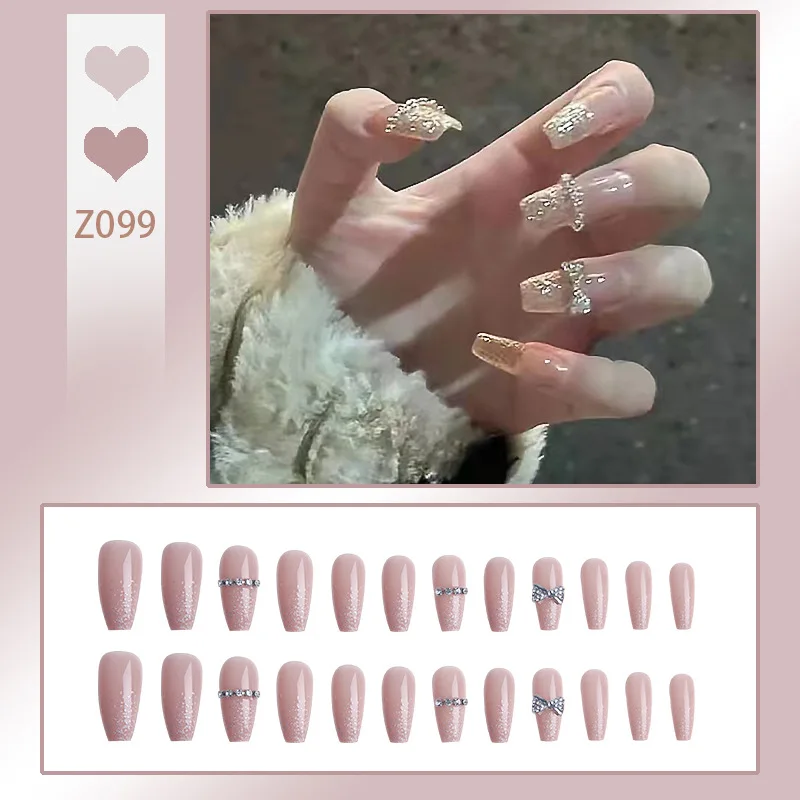 Short False Nail Diamonds Chain Bows Decorated Glitters Nude Color Fake Nail Tips Full Cover Acrylic For Girls Fingernails