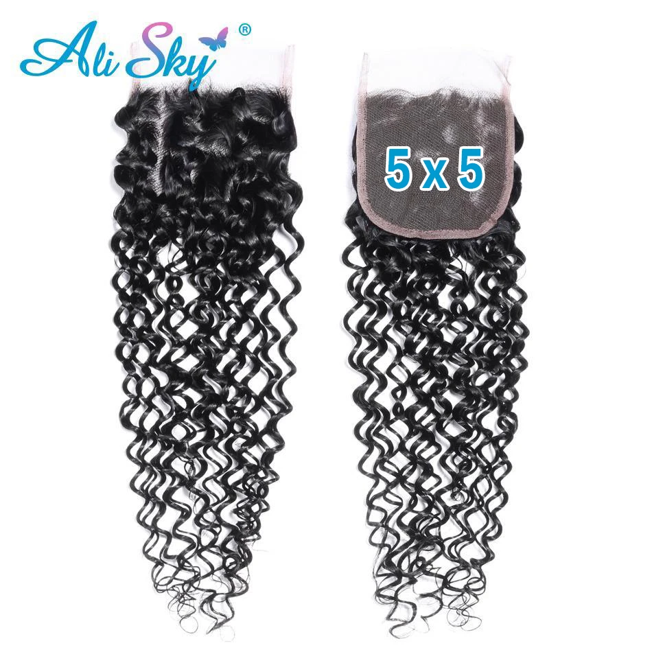

Kinky Curly 5x5 Lace Closure with Baby Hair Human Hair Swiss Lace Natural Black Color Bleached Knots Brazilian Remy Hair Sky