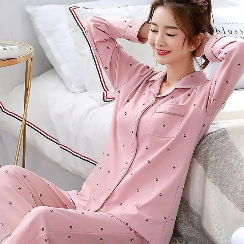 Autumn Pajamas Set Casual Sleepwear For Women Elastic Print Pyjama Women's Fashion Sweet Plaid Homewear Clothes Big Size