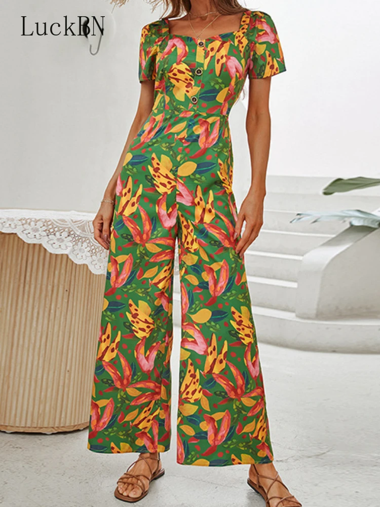 

Spring Summer Jumpsuit Women Clothing New Square Neck Short Sleeve Sling Slim High Waist Wide Pants Printing Green Chic Jumpsuit