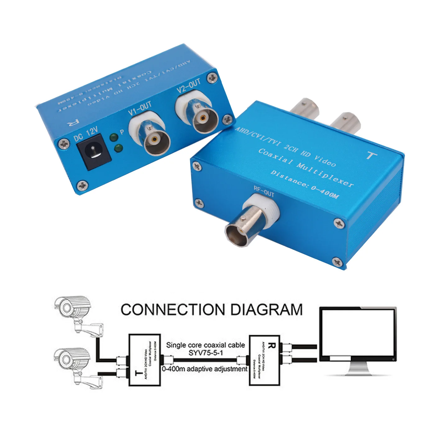 2 x HD Video over Coaxial Cable Converters, Video to RG59 Coaxial Multiplexer up to 400m for AHD/CVI/TVI/Analog Cameras One Pair