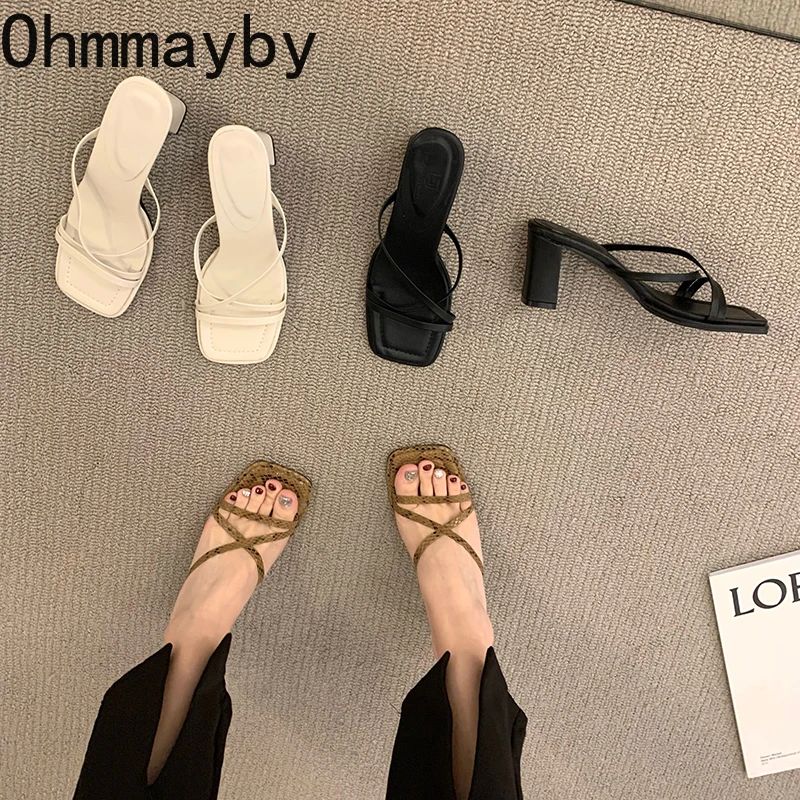 

Narrow Band Slides 2022 Summer Gladiator Open Toe Slippers Females Slip On Sandals Thick Heel Outdoor Women Shoes