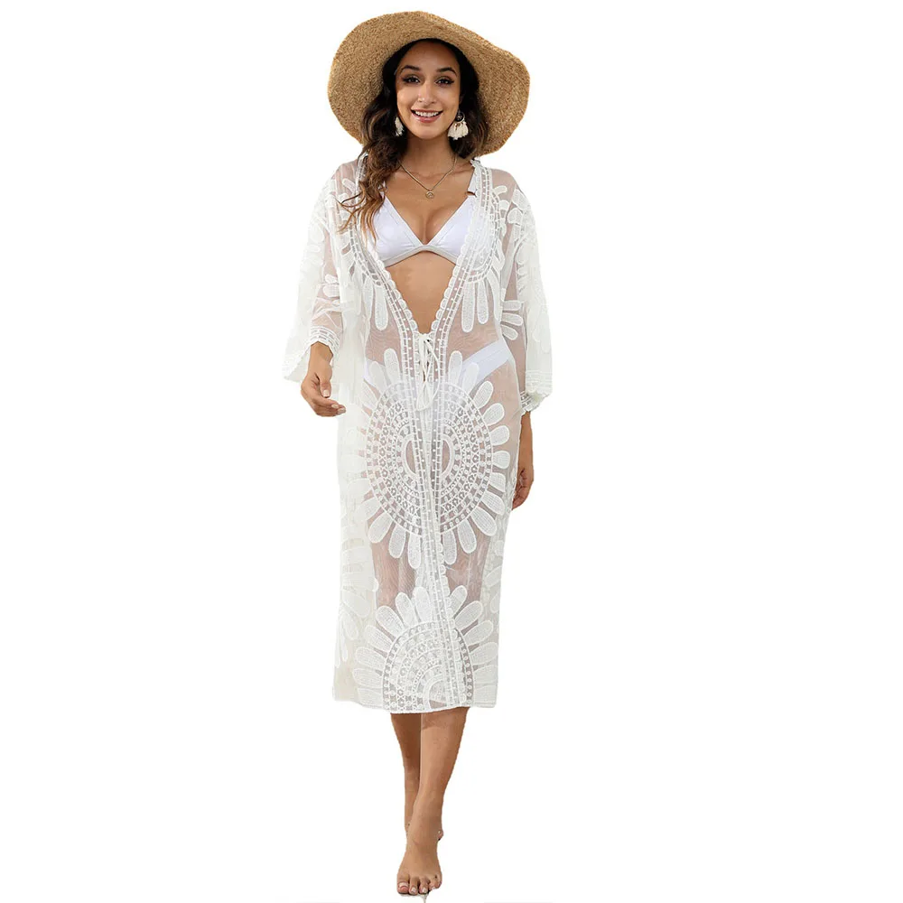 

Ladies Smock Beach Sunscreen Cardigan Lace Sexy Perspective Strap Beach Blouse Swimwear Cover Up Women Vestidos Za Verano 2022