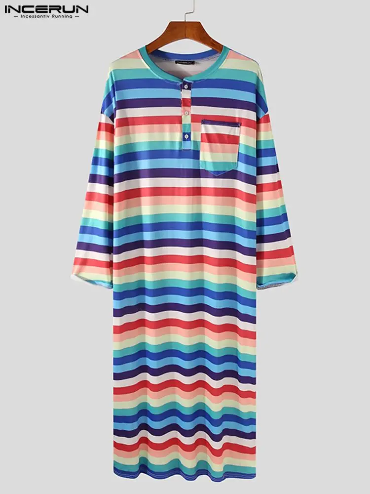 Long Sleeve O Neck Comfy Sleep Robes INCERUN Men's Colorful Striped Sleep Robes Spring Man Casual Button Homewear Gown Plus Size