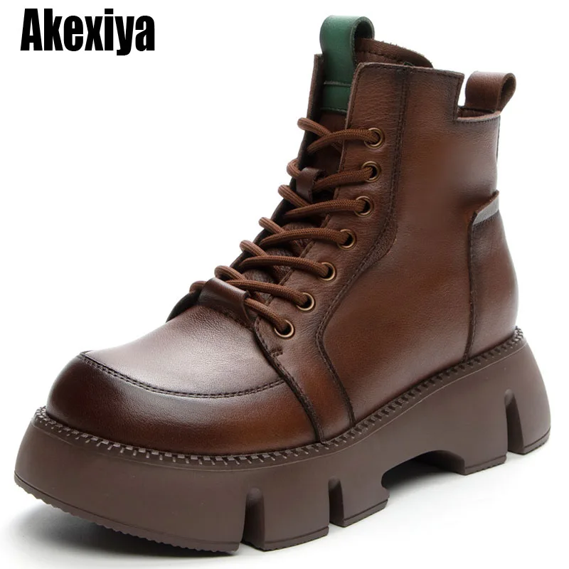 

British Style Genuine Cow Leather Platform Boots Women Handmade Vintage Thick High Heel Non-slip Casual Ankle Boots BC5353