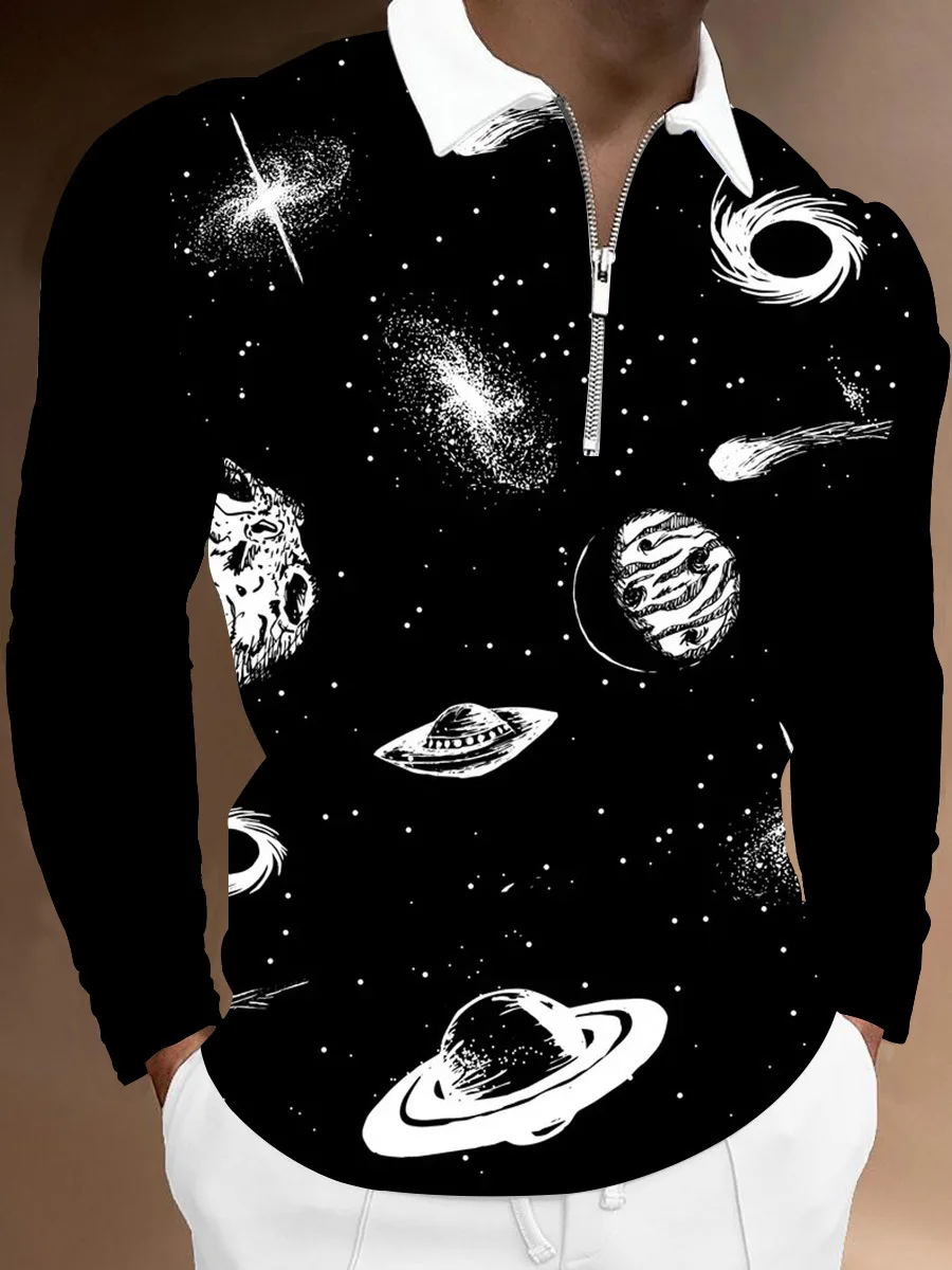 

Мужская повседневная Осенняя рубашка-поло с длинным рукавом, Мужская футболка на молнии, мужские топы с Луной и солнцем, одежда для улицы и г...