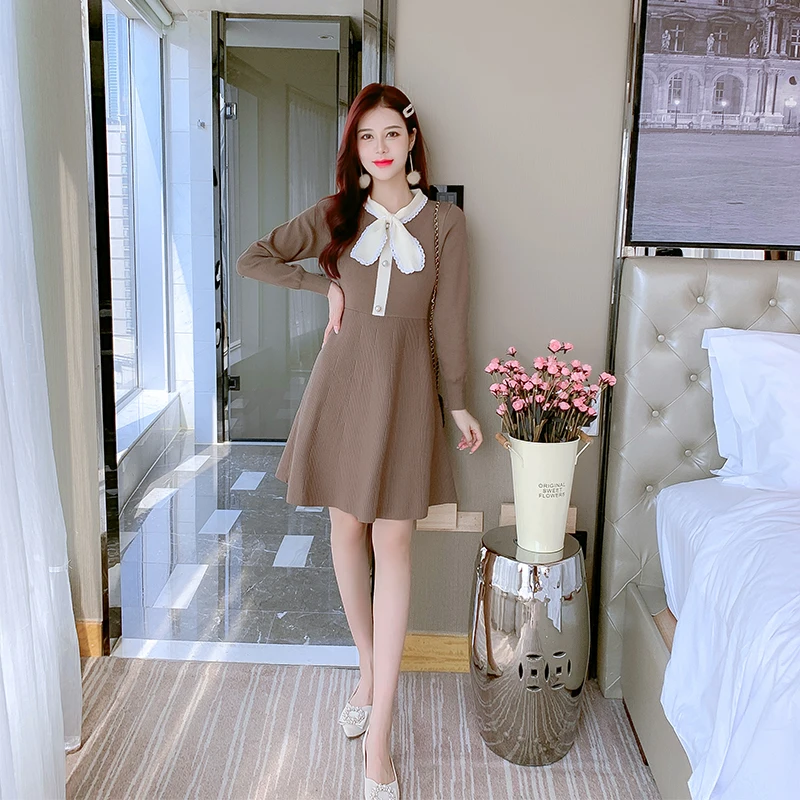 

Милое модное женское платье во французском стиле на осень и зиму, цельное облегающее платье до колена с бантом на талии