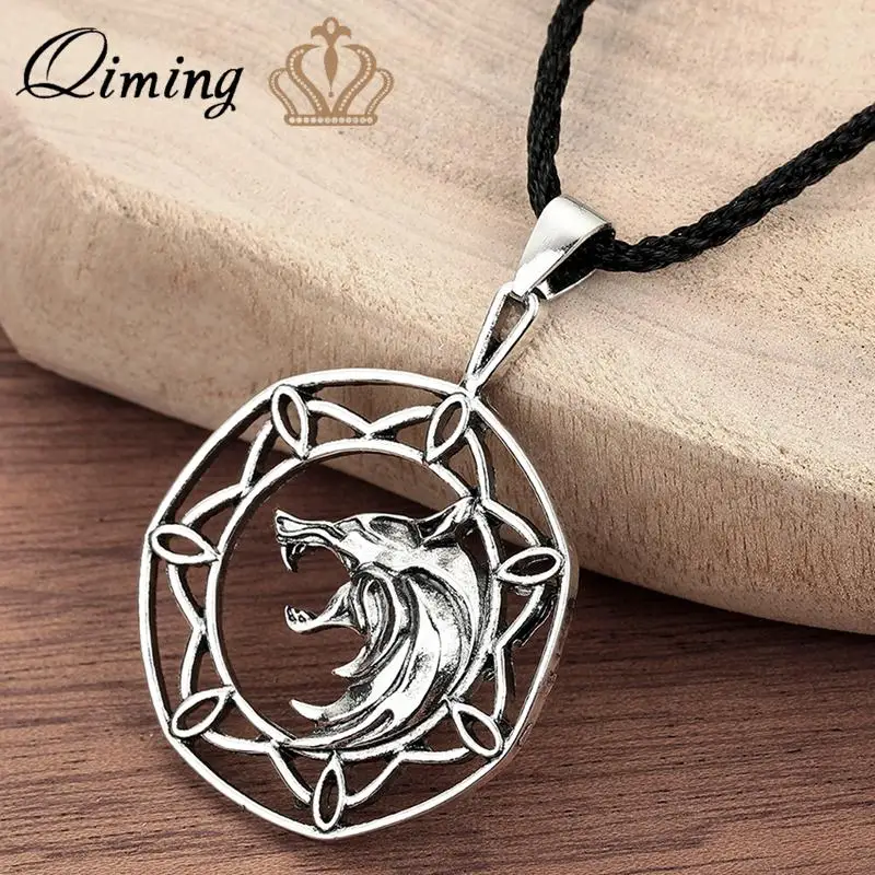 

QIMING Handcrafted Punk Wolf Witcher Necklace For Men Vesemir's Medallion Slavic Jewelry Animal Pendant Necklace