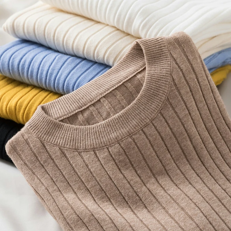 

Autumn Winter Women Pullover Knitted Sweater 2023 Pit-striped Casual Simple Jumper Round Neck Slim Fit Long Sleeve Tops 28898