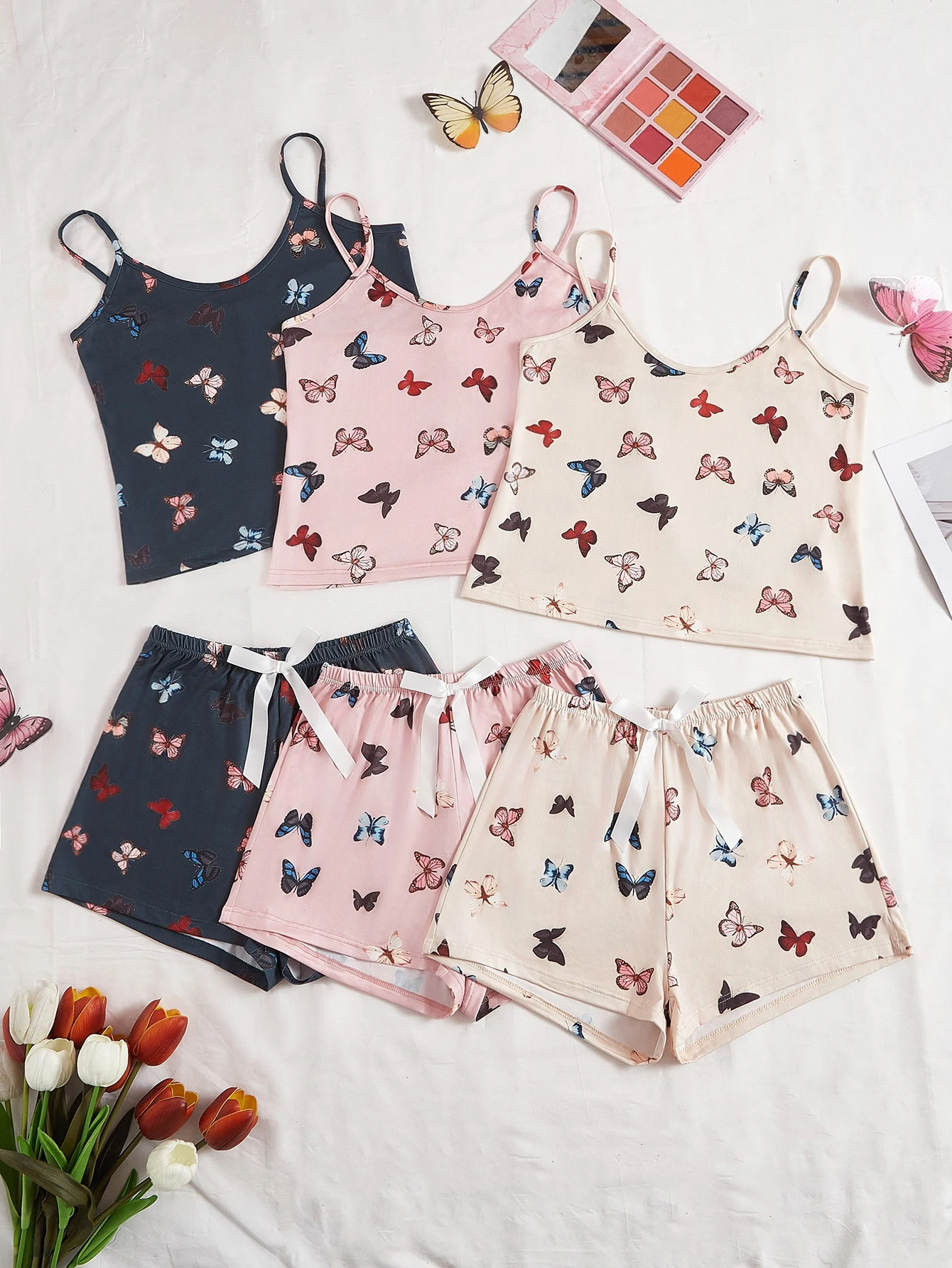 Женский Пижамный Комплект Из Трех Предметов С Принтом Бабочки Топ На Тонких