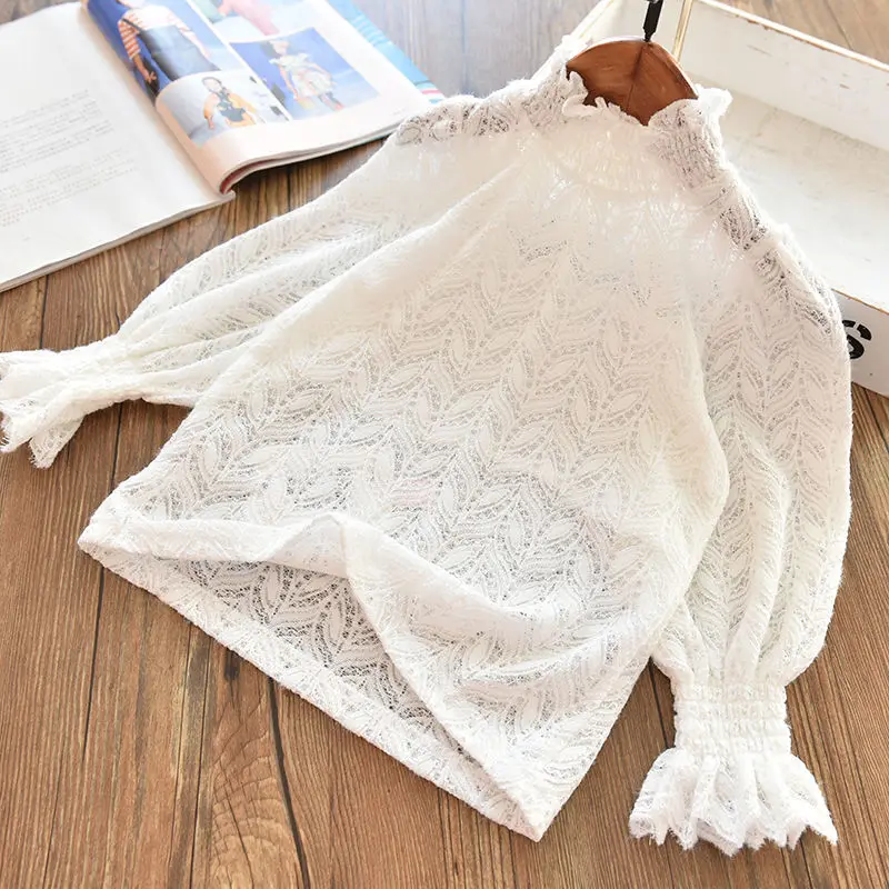 

Детские белые кружевные топы для девочек, детская повседневная водолазка, футболки, Новое поступление 2022, осенняя одежда, тонкие майки для д...