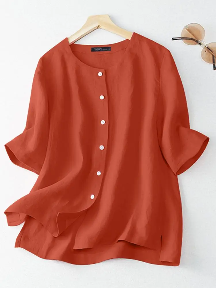 

Винтажная Женская хлопковая блузка 2023 ZANZEA оверсайз с коротким рукавом, Свободный Топ, Повседневная летняя рубашка на пуговицах