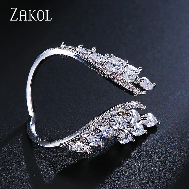 ZAKOL European Style White Color Wing Open Ring Dazzling Crystal Zircon Finger Rings Fashion Women Wedding Jewelry RP188 | Украшения и