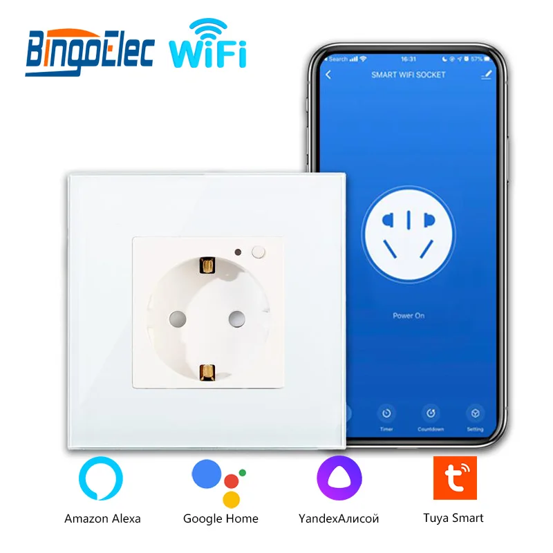 

Bingoelec Европейская стандартная смарт-розетка с Wi-Fi, немецкая настенная розетка, белая кристаллическая стеклянная панель, 16 А, электрическая розетка, работает с Alexa Google Home