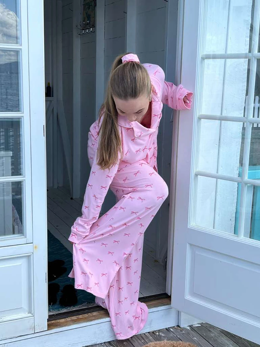 Женский пижамный комплект с бантом топы длинным рукавом и штаны одежда для сна