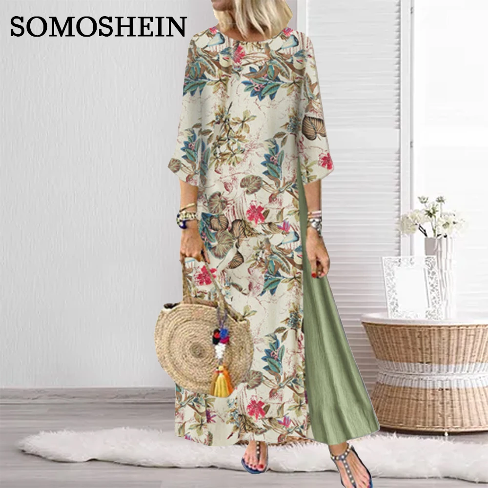 

Plus Size Women Clothing Round Neck Floral Print Panelled Vintage Dress Elegant Commuter Casual Dress Wholesale Dropshipping