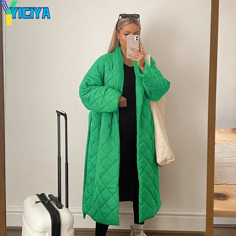 YICIYA Long Straight Winter Jacket Women Coat With Rhombus Pattern Casual Sashes Women Parkas Streetwear Oversize Cotton Outwear