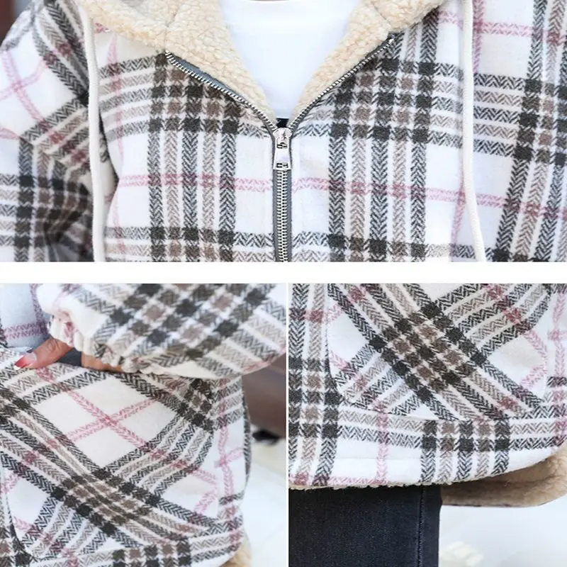 Winter Women's Cold Coat Parka Super Hot Sherpa Coat Hooded Plaid Padded Jacket Cheap Wholesale Loose Long Sleeve Top Plus Size