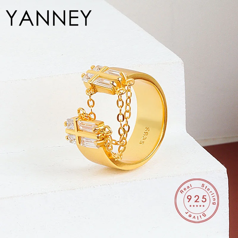 

YANNEY Silver Color Fashion Square Zircon Chain Open Ring Women's Luxury Glamour Party Jewelry Anniversary Gift