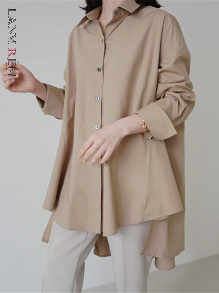 

LANMREM Irregular Designe Shirt Lapel Long Sleeve Single Breasted Mid Length Loose Casual Tops 2023 New Spring Clothing 2Q1236