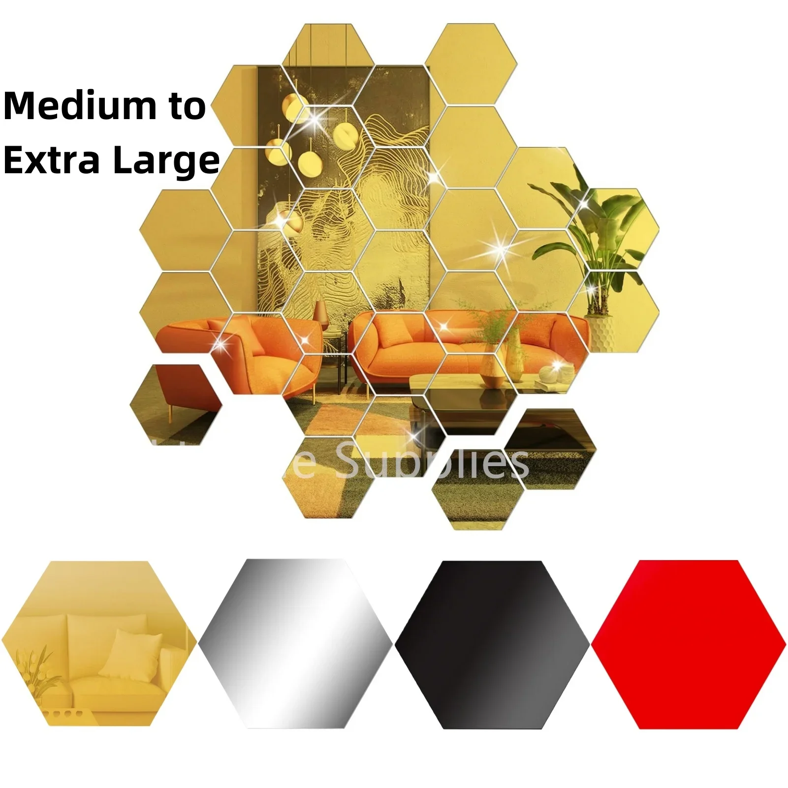

12/24PCS Hexagon Mirror Wall Stickers Medium to Extra Large DIY Wall Decals Non Glass Mirror for Apartment Aesthetic Room Decor