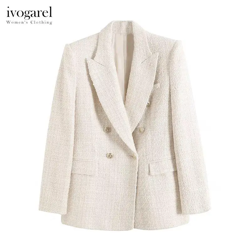 

Ivogarel Elegant and Chic Textured Double-Breasted Blazer Women's Long Sleeve Jacket, Lapel Collar and Pronounced Shoulders