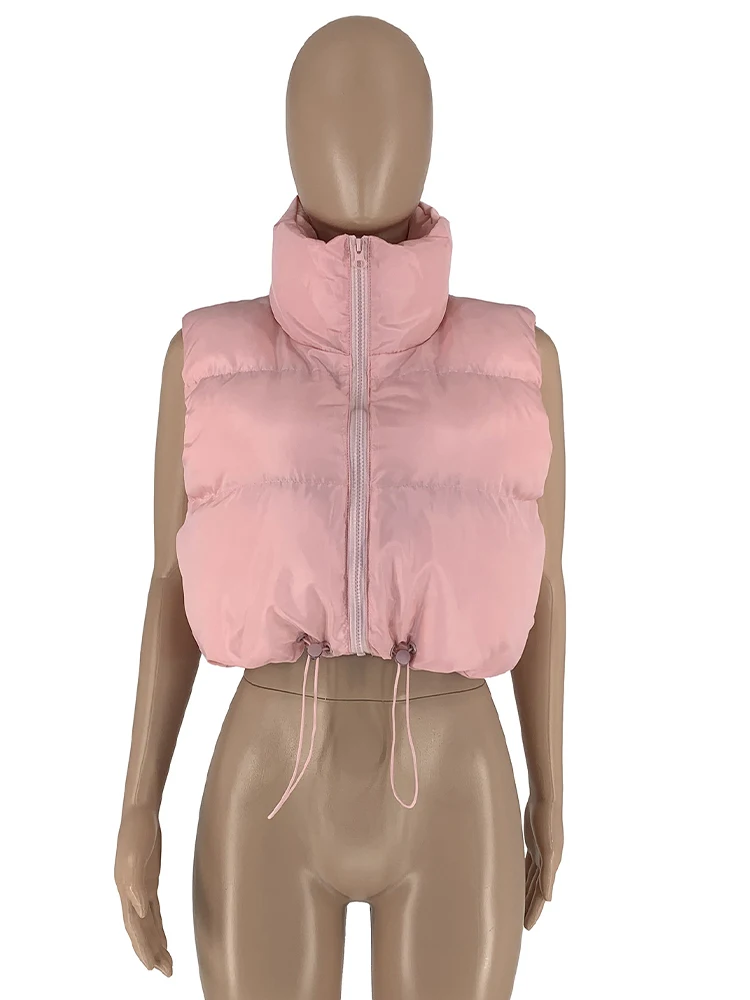 Casual Stand Collar Sleeveless Waistcoat Streetwear Zipper Front Warm Thicken Outwear Autumn Winter Women Brown Padded Vest Coat