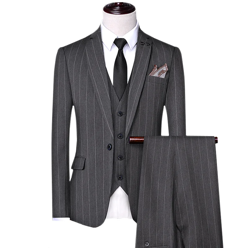 

2023 New Men's Pinstripe Suit 3-piece Business Office Blazer Jacket Pants Vest Black Gray Man Sets