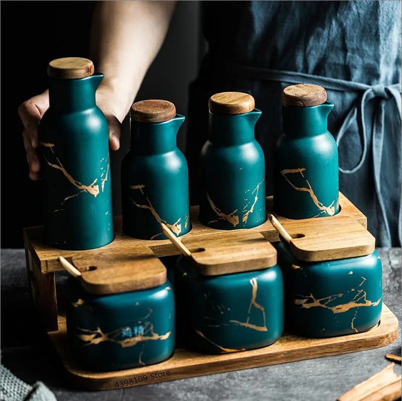

Nordic Matte Marbled Ceramic Seasoning Jar Salt Can Oil Bottle Household Seasoning Box Kitchen Supplies Seasoning Bottle Set