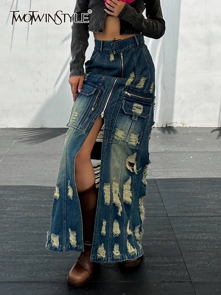 

TWOTWINSTYLE Hole Hollow Out Denim Skirts For Women High Waist Loose Casual Patchwork Zipper Straight Skirt Female Fashion 2023