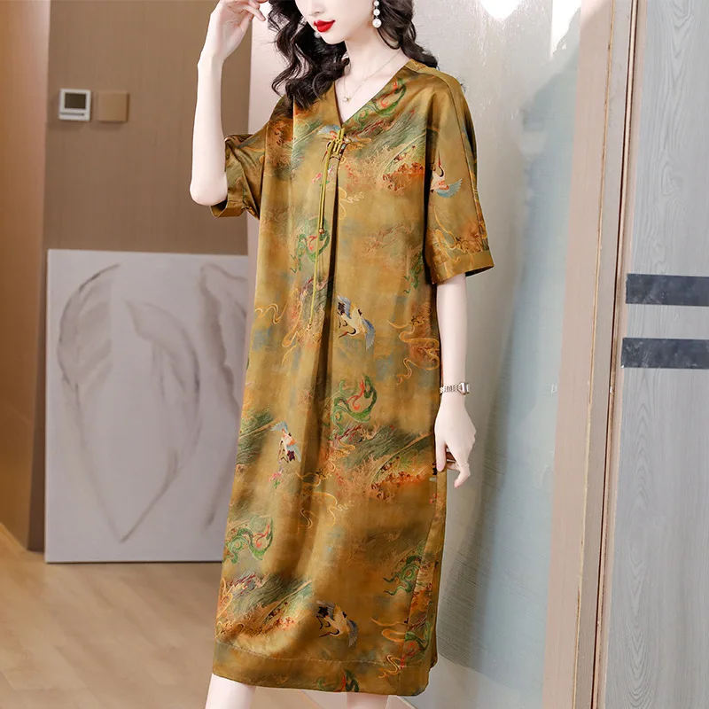 

Summer Short Sleeve Silk Floral V-Neck Midi Dress Women Luxury Elegant Loose Waist Dress 2023Korean Vintage Casual PartyVestidos