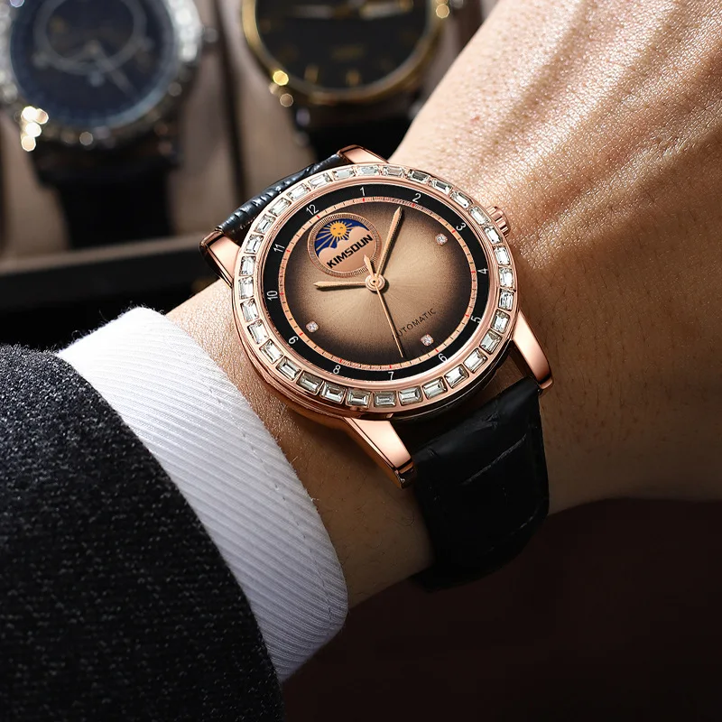 Diamond-studded watch men's fashion design waterproof automatic mechanical watch hollow enlarge
