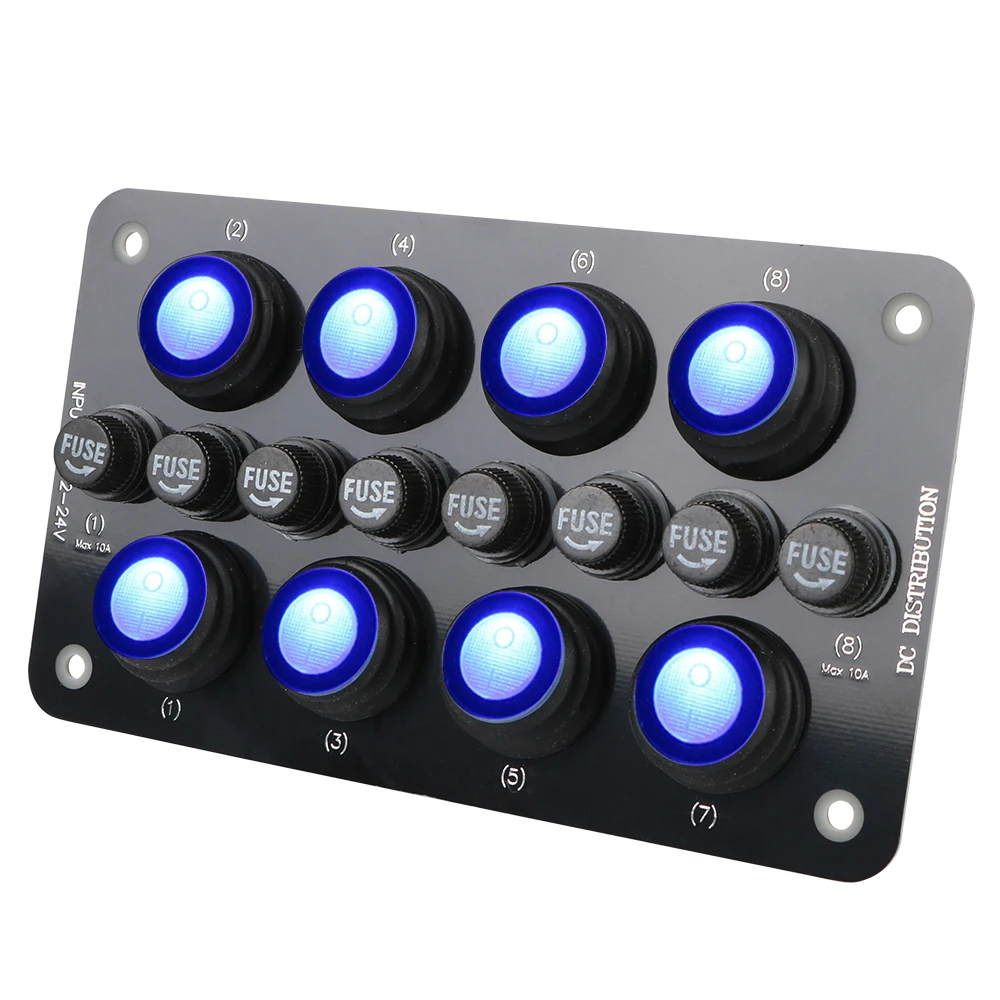 

Waterproof Button Rocker Toggle Switch Panel 8Gang 12~24V On/off Blue LED Light Replaceable Fuse Holder Circuit Breaker