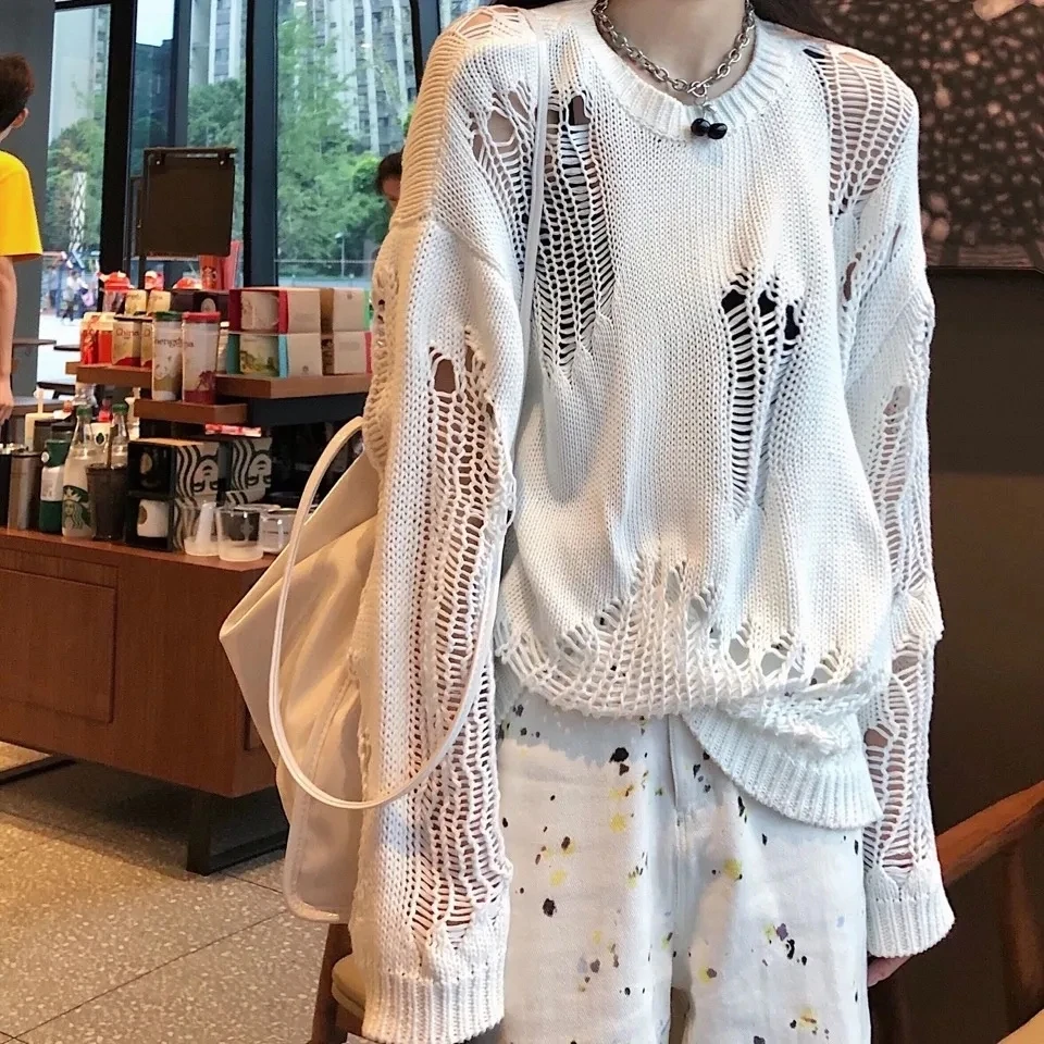 

Gothic Punk Hollow Out Sweaters Women Streetwear Harajuku Sweaters Hole Broken Knitted Jumper Woman Pullover Sweater