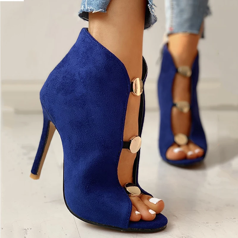 

Fashion New Women's High Heels New Sexy Zipper Flock Open Toe Heel Women Pumps Solid Color Metal Decor Ladies Shoes