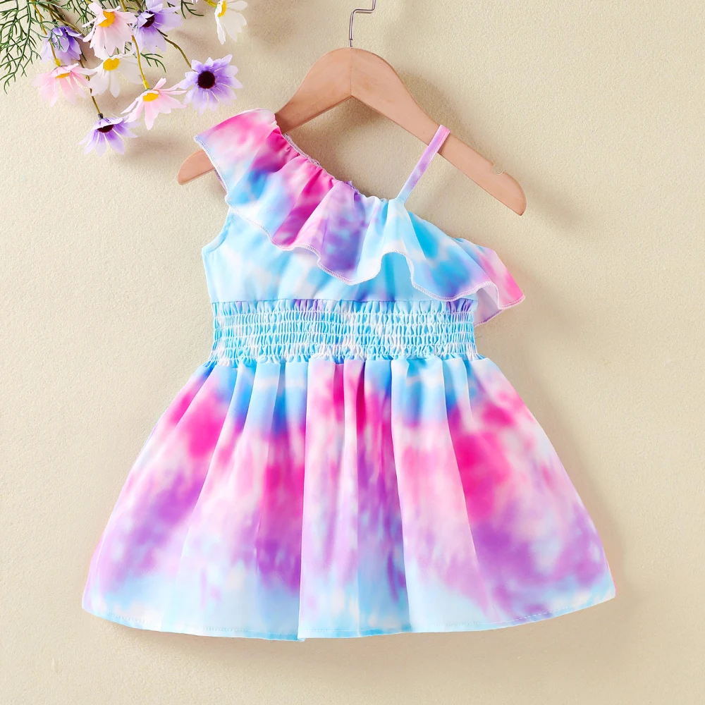 

Baby Girls Rainbow Tie Dye One Shoulder Ruffle Trim Dress Infantil Clothes Polyester Dresses for Baby 0-3Y